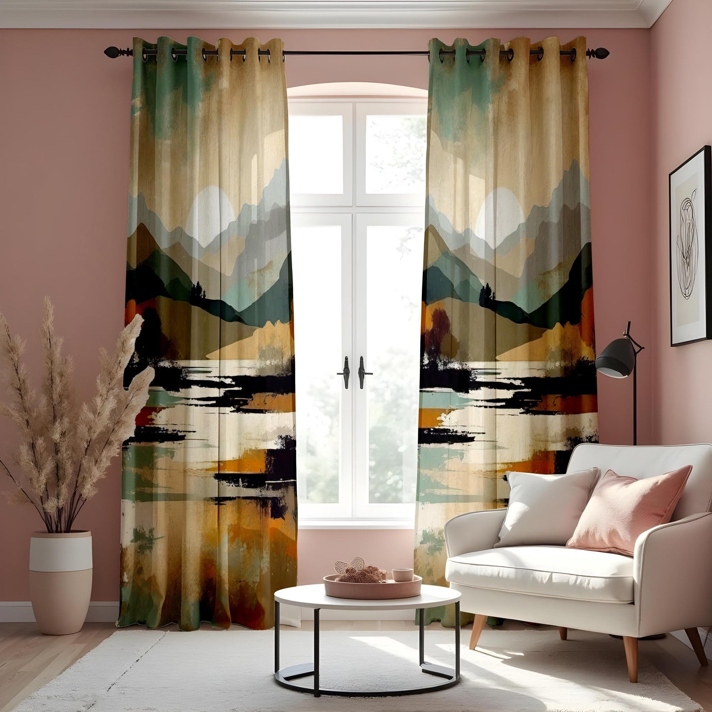 Abstract Mountain Landscape Curtain, Earthy Tones Watercolor Drape