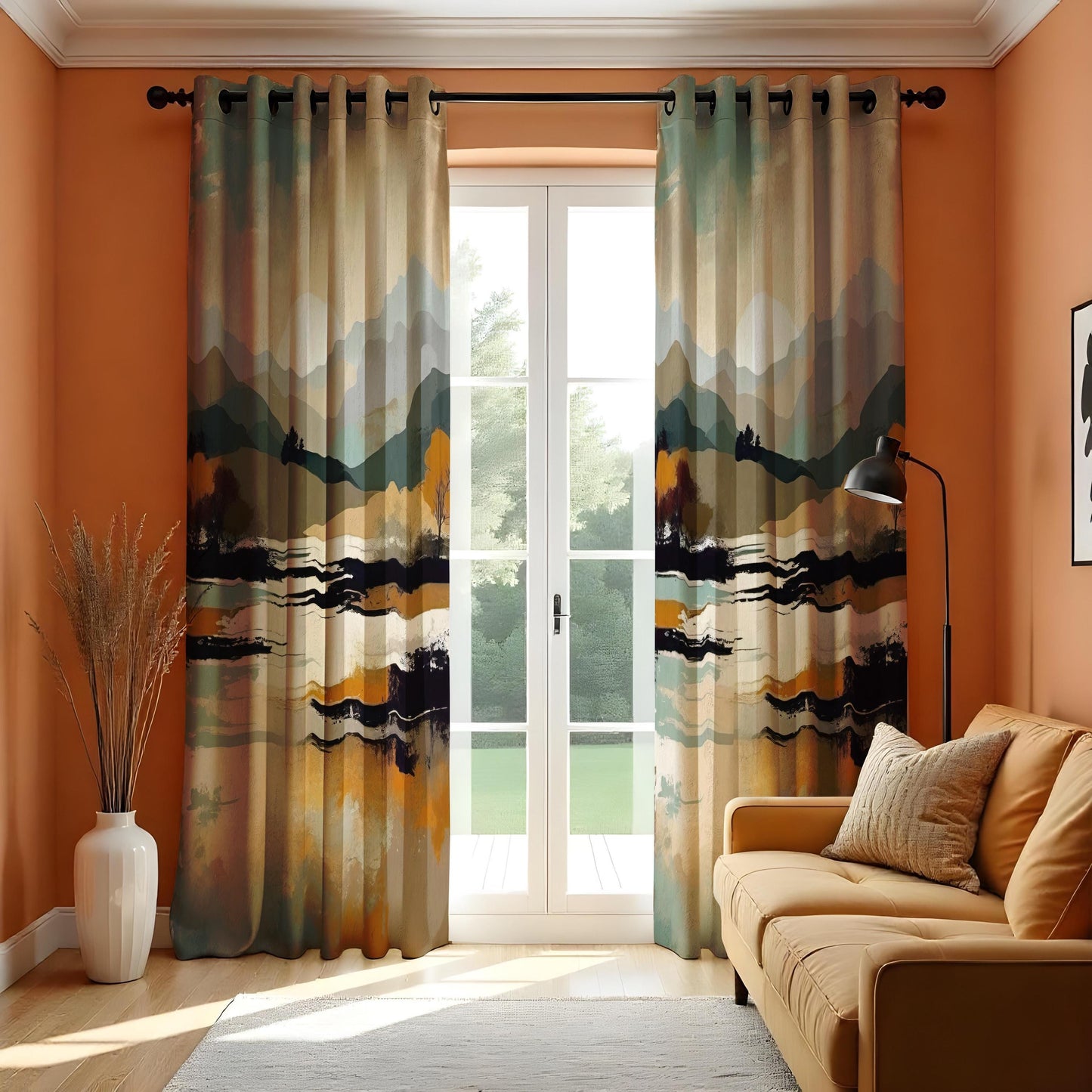 Abstract Mountain Landscape Curtain, Earthy Tones Watercolor Drape