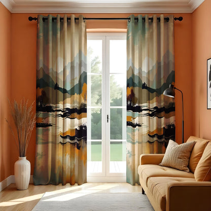 Abstract Mountain Landscape Curtain, Earthy Tones Watercolor Drape