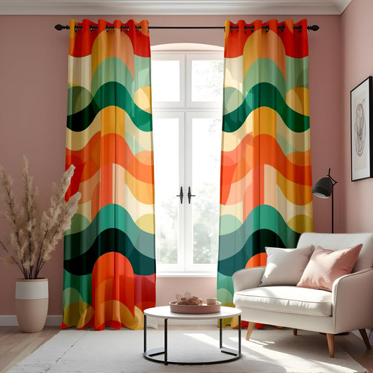 Retro Colorful Wave Pattern Curtain, Bold Abstract Drape