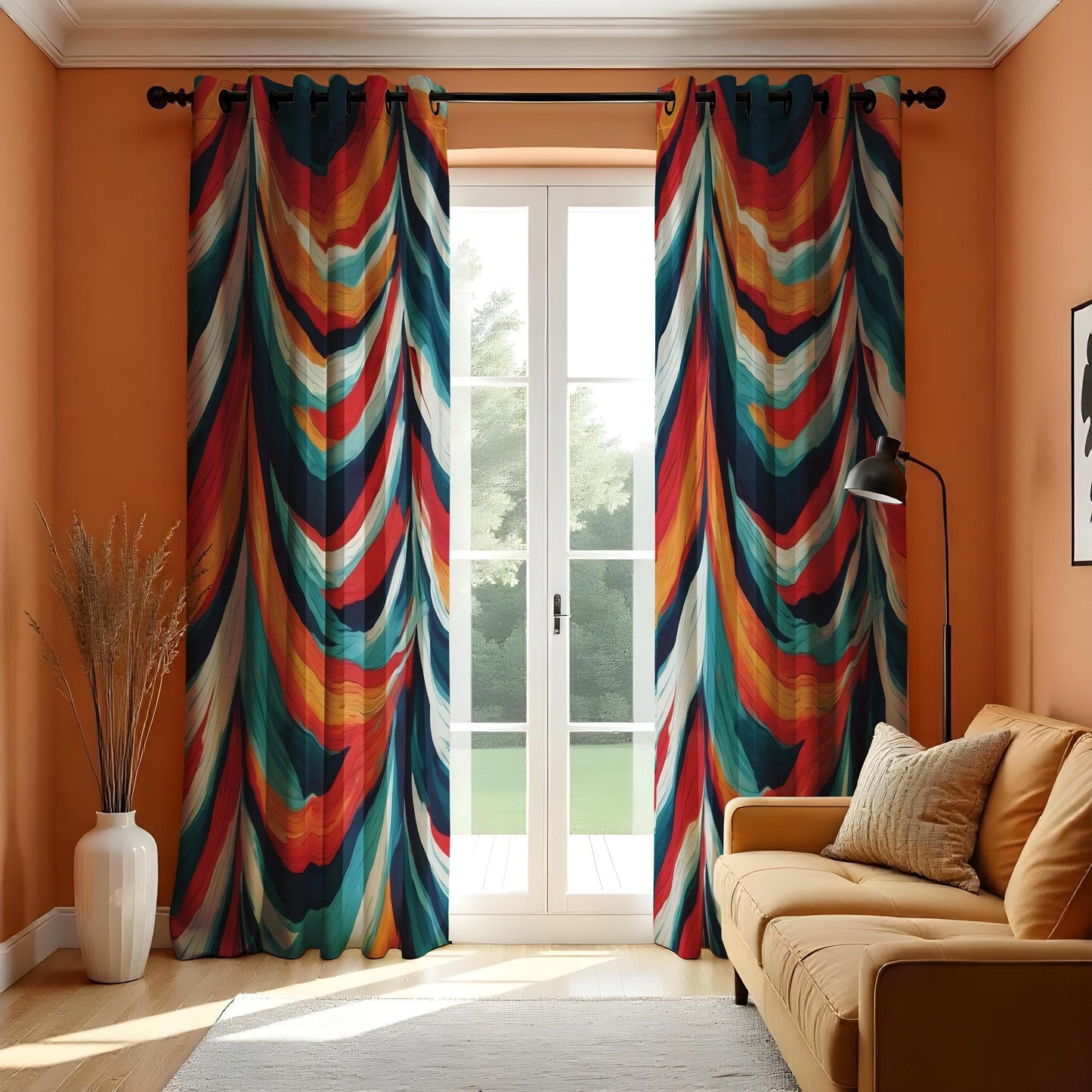 Bold Colorful Abstract Wave Curtain, Vibrant Red, Blue & Orange Drape