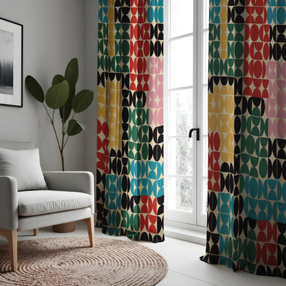 Colorful Geometric Circle Pattern Curtain, Bold Retro Abstract Drape