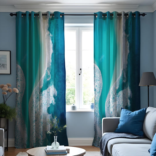 Ocean Wave Abstract Curtain, Beautiful Teal & Blue Water Drape