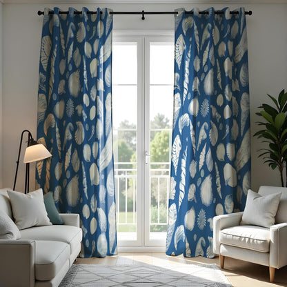 Coastal Shell Pattern Curtain, Nautical Blue & White Sea Shell Drape