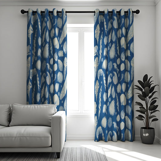 Coastal Shell Pattern Curtain, Nautical Blue & White Sea Shell Drape