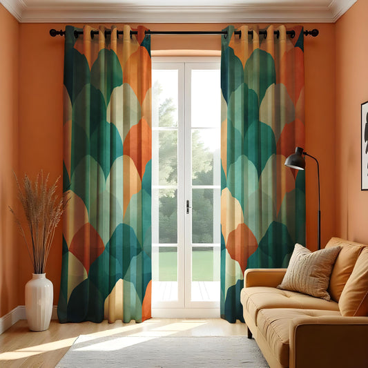 Modern Abstract Scallop Pattern Curtain, Bold Teal & Orange Drape
