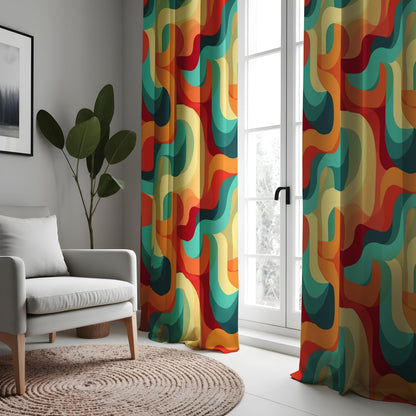 Retro Abstract Wavy Pattern Curtain, Bold Red, Blue, and Yellow Drapes