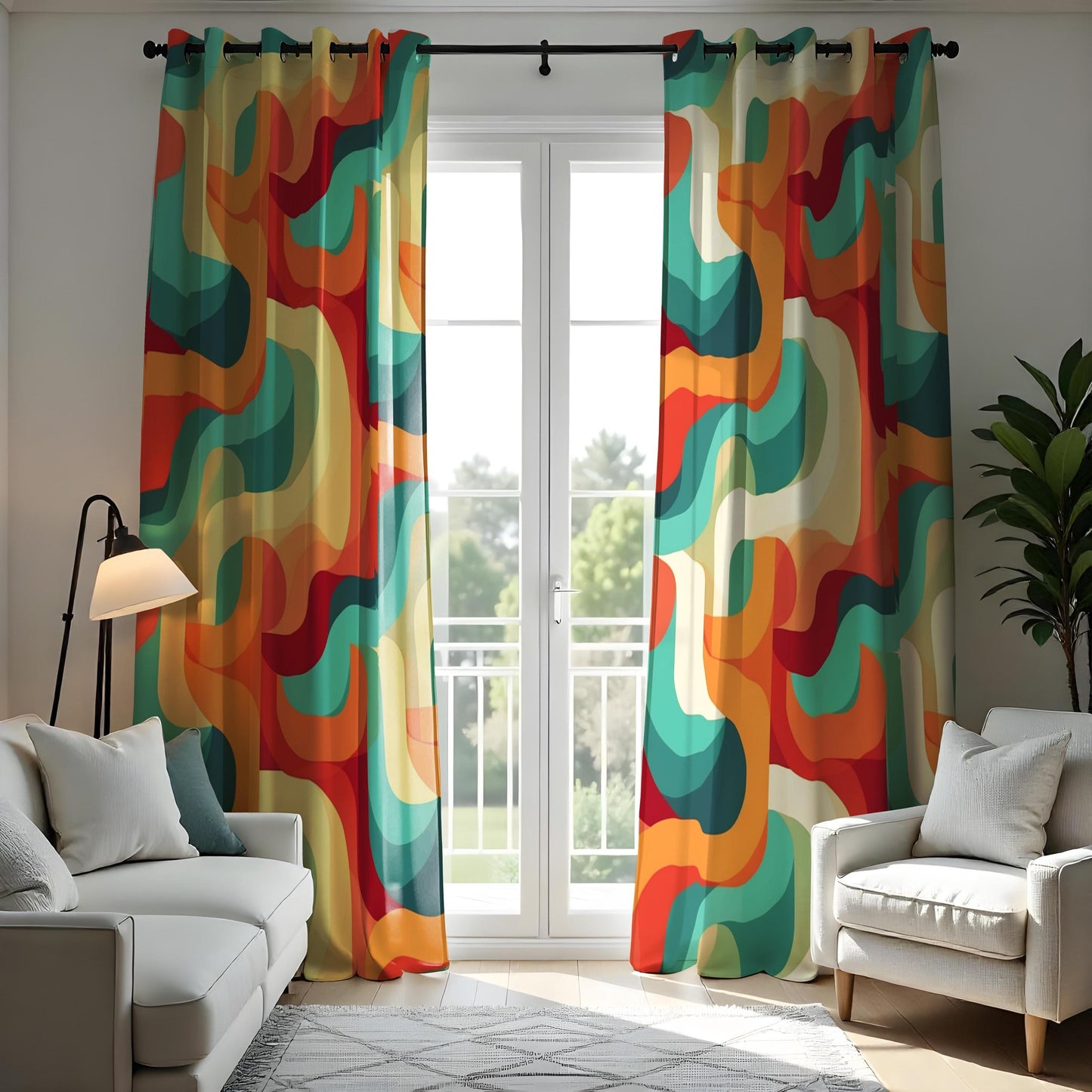 Retro Abstract Wavy Pattern Curtain, Bold Red, Blue, and Yellow Drapes