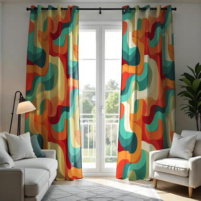 Retro Abstract Wavy Pattern Curtain, Bold Red, Blue, and Yellow Drapes