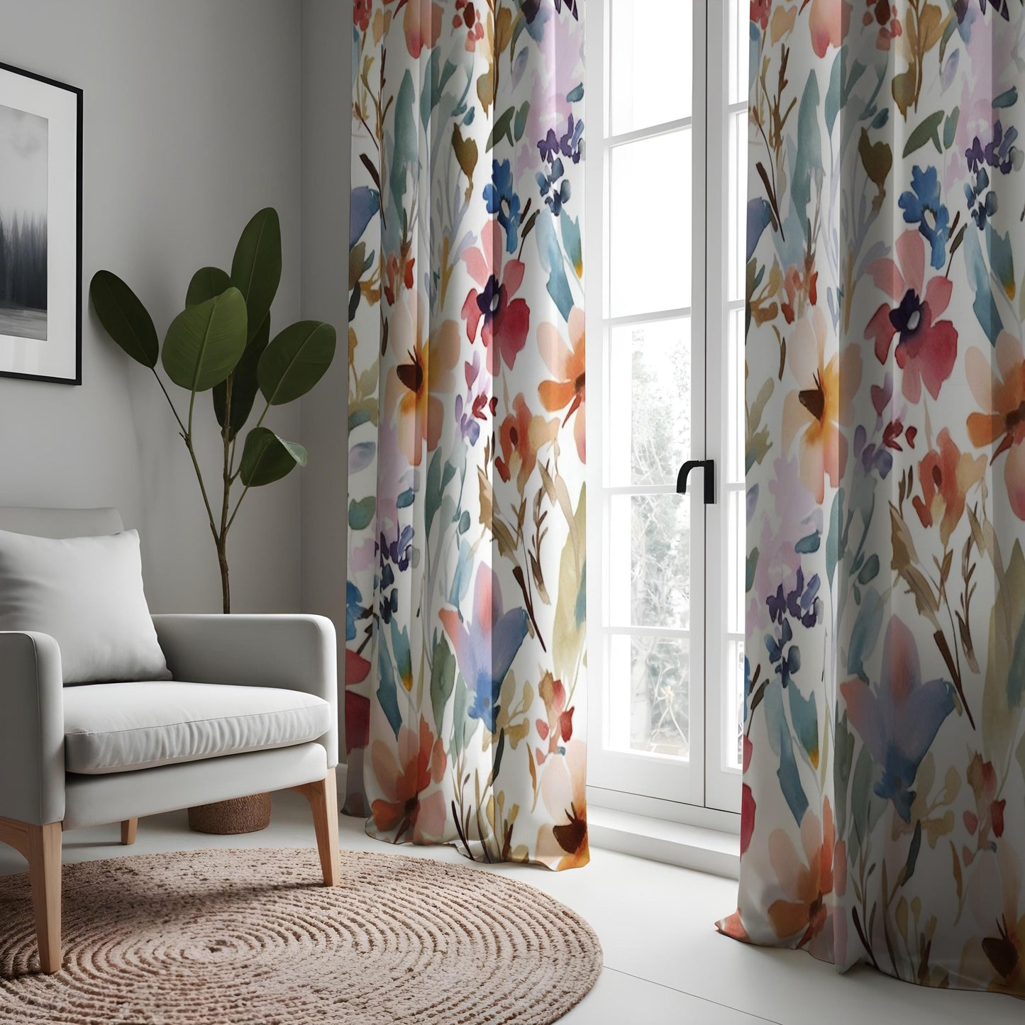 Colorful Floral Watercolor Curtain, Blue & Yellow Flowers Drape