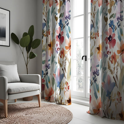 Colorful Floral Watercolor Curtain, Blue & Yellow Flowers Drape