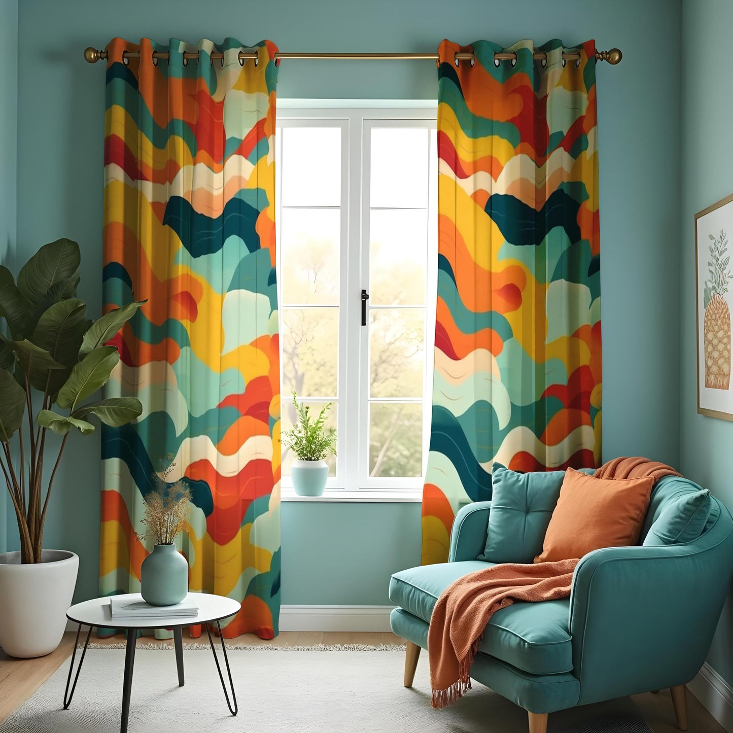Colorful Abstract Wave Curtain, Bold Orange, Yellow, Blue & Green