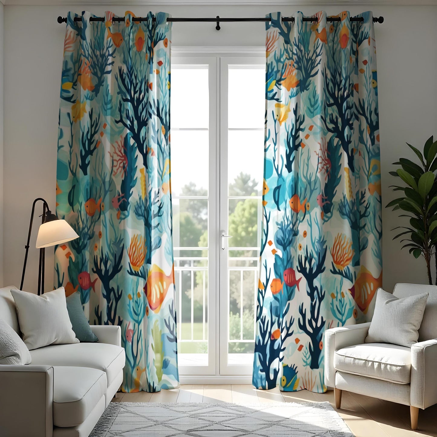 Ocean Reef Curtains, Colorful Coral & Fish Pattern Window Drapes