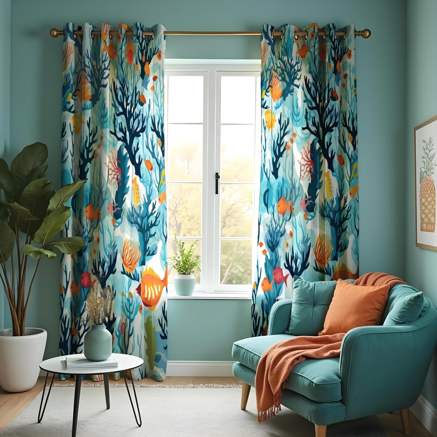 Ocean Reef Curtains, Colorful Coral & Fish Pattern Window Drapes