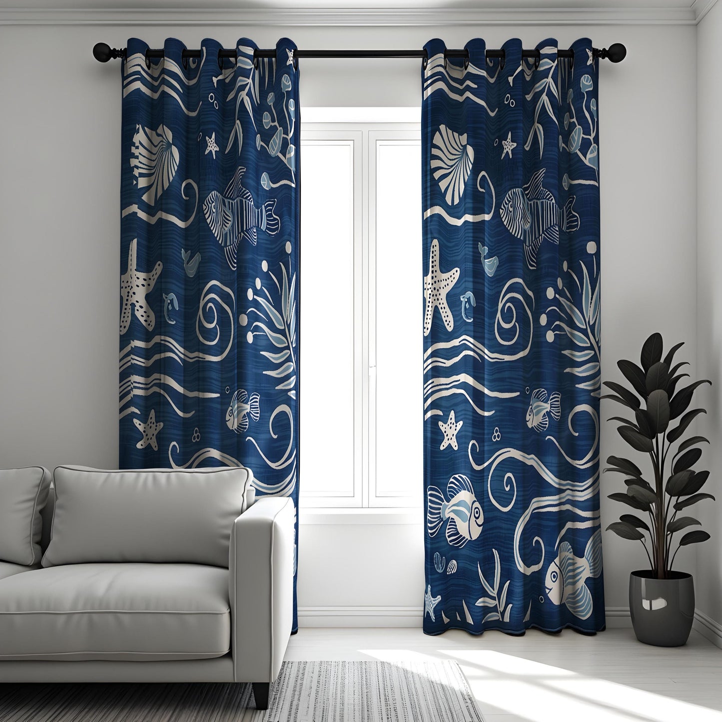 Ocean Themed Curtains, Fish and Shells Nautical Drapes