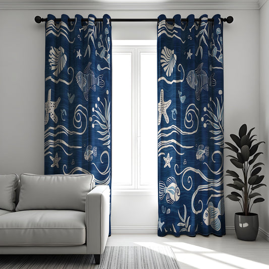 Ocean Themed Curtains, Fish and Shells Nautical Drapes