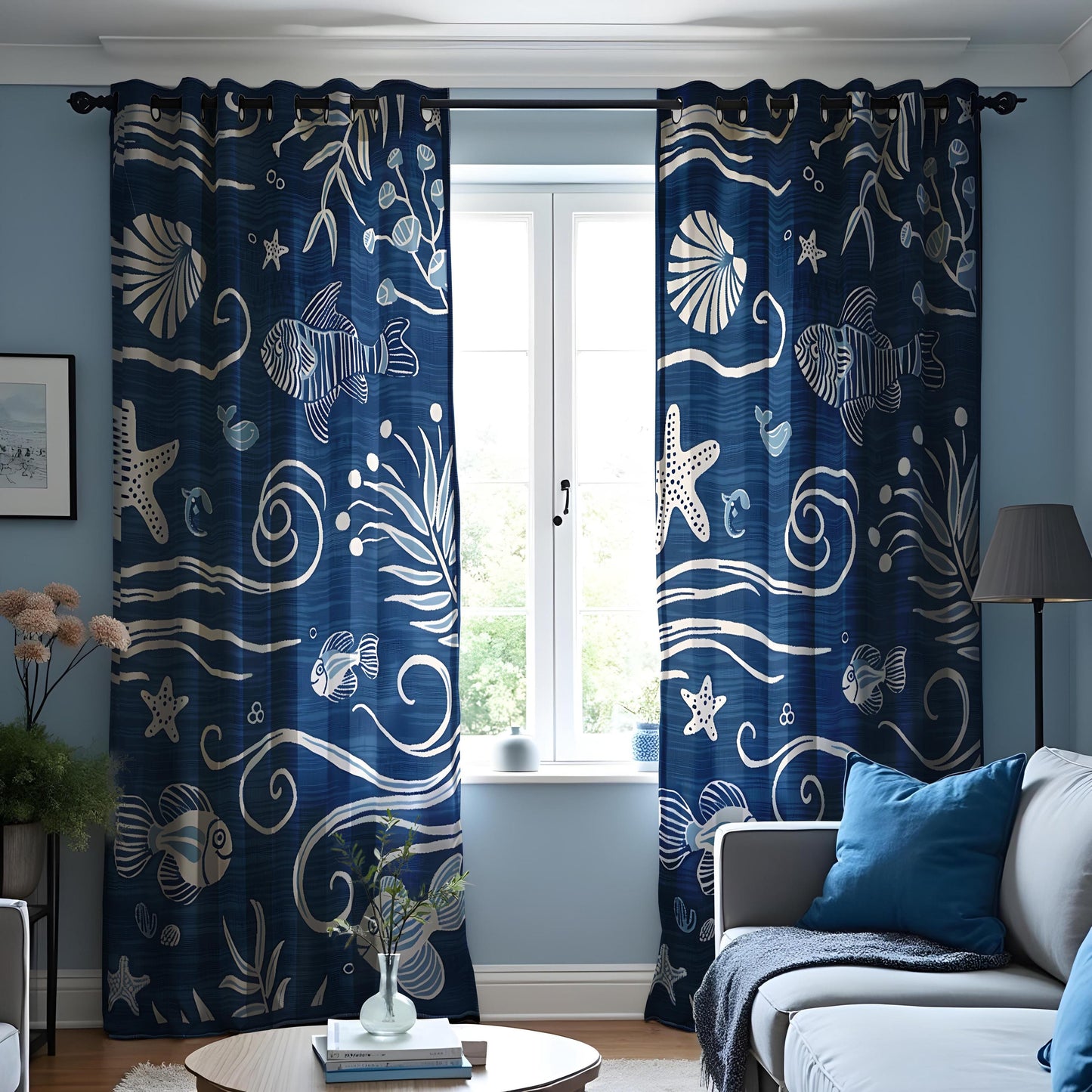 Ocean Themed Curtains, Fish and Shells Nautical Drapes