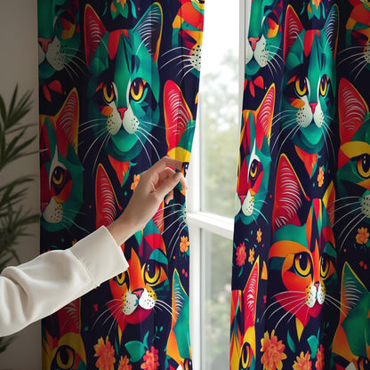 Colorful Cat Curtains, Modern Art Cat Drapes