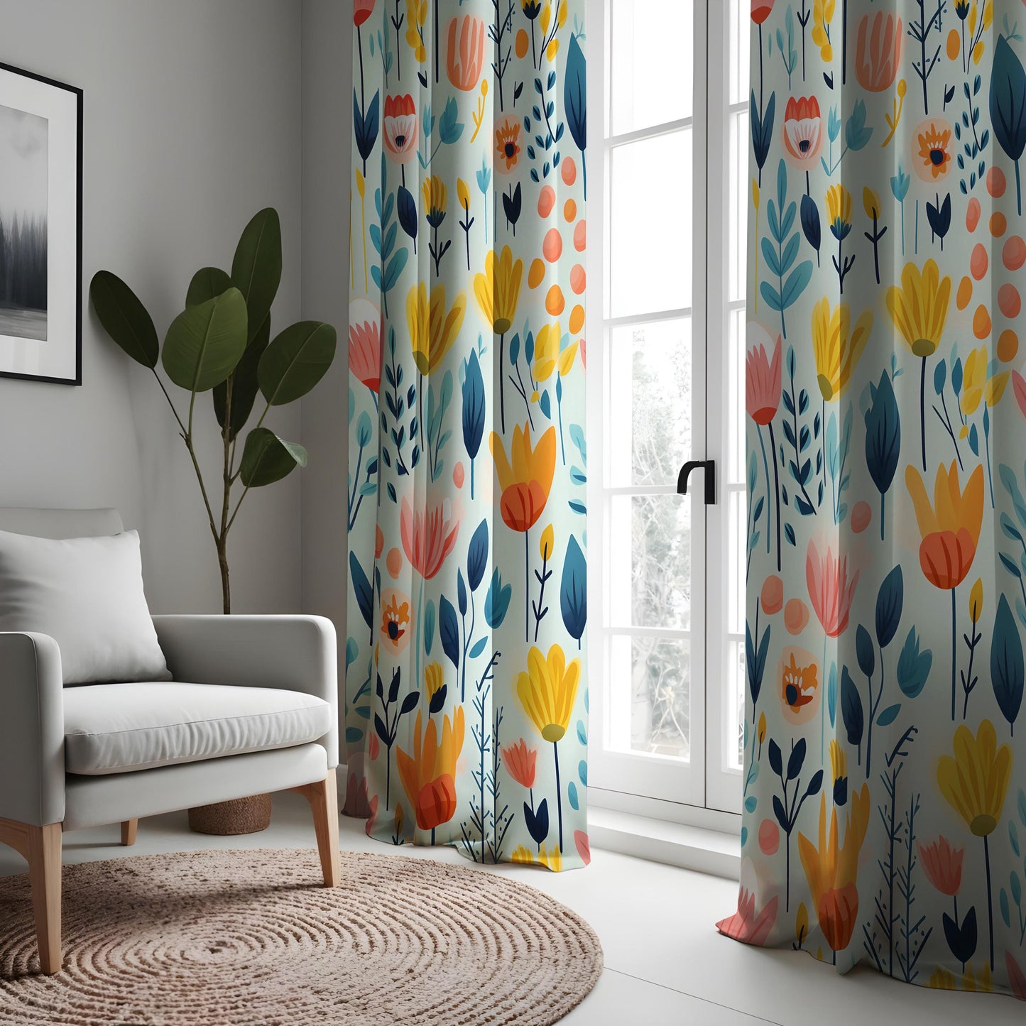 Colorful Floral Curtains, Modern Botanical Drapes