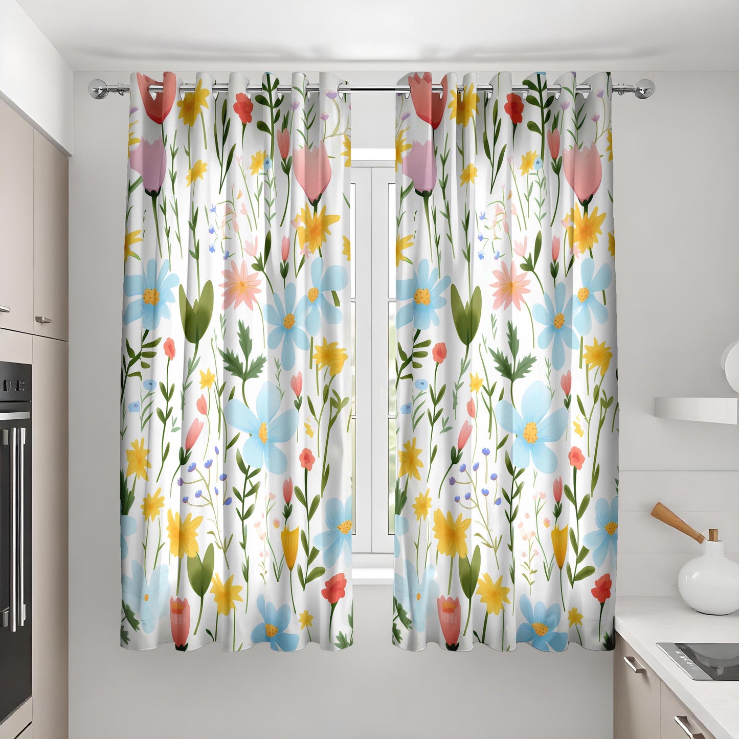 Bright Floral Pattern Curtain, Colorful Flowers Drape Green Leaves
