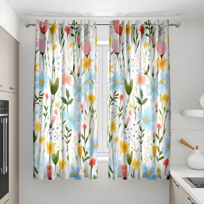 Bright Floral Pattern Curtain, Colorful Flowers Drape Green Leaves