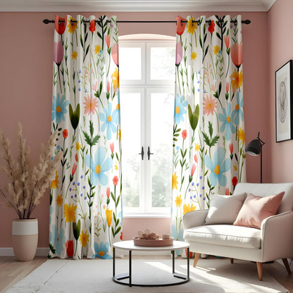 Bright Floral Pattern Curtain, Colorful Flowers Drape Green Leaves