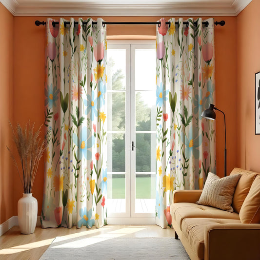 Bright Floral Pattern Curtain, Colorful Flowers Drape Green Leaves