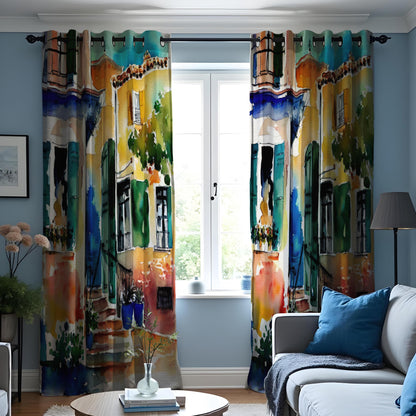 Watercolor Cityscape Curtain Panels, Colorful House Window Drapes