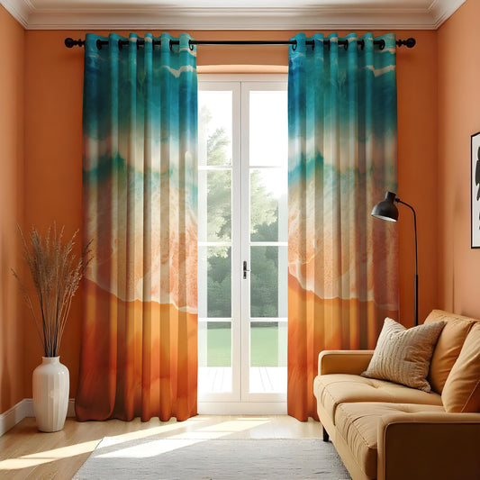 Beach Ocean Scene Curtains, Blue Wave & Sandy Shore Window Drapes