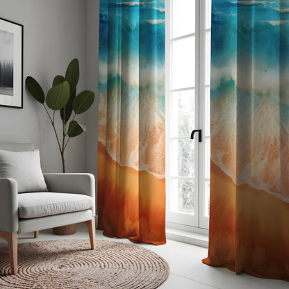 Beach Ocean Scene Curtains, Blue Wave & Sandy Shore Window Drapes