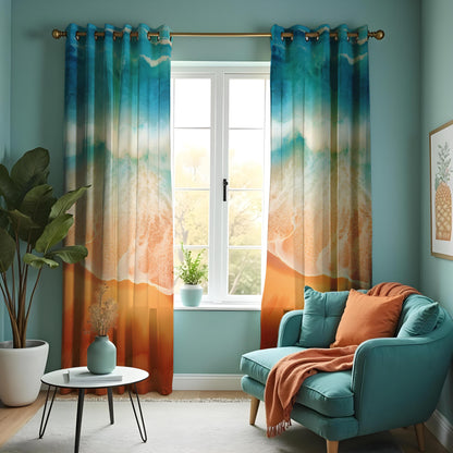 Beach Ocean Scene Curtains, Blue Wave & Sandy Shore Window Drapes