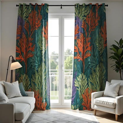 Tropical Leaves & Coral Pattern Curtains, Bold Botanical Drapes