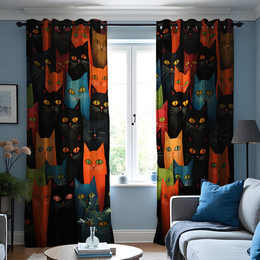 Colorful Cat Curtains, Vibrant Cat Faces Drape