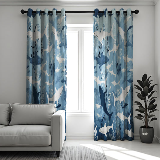 Shark Pattern Curtain, Ocean Inspired Home Decor, Blue & White Sea