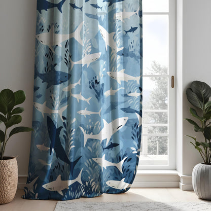 Shark Pattern Curtain, Ocean Inspired Home Decor, Blue & White Sea
