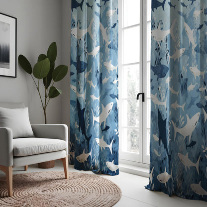 Shark Pattern Curtain, Ocean Inspired Home Decor, Blue & White Sea