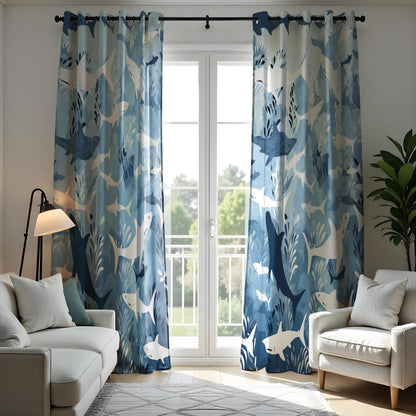 Shark Pattern Curtain, Ocean Inspired Home Decor, Blue & White Sea
