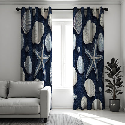 Coastal Shell & Starfish Curtain, Navy Blue Ocean Drapes with Seashell