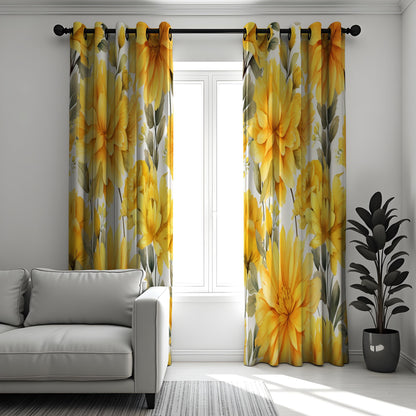 Bright Yellow Floral Curtains, Bold Mustard Flower Print Drapes
