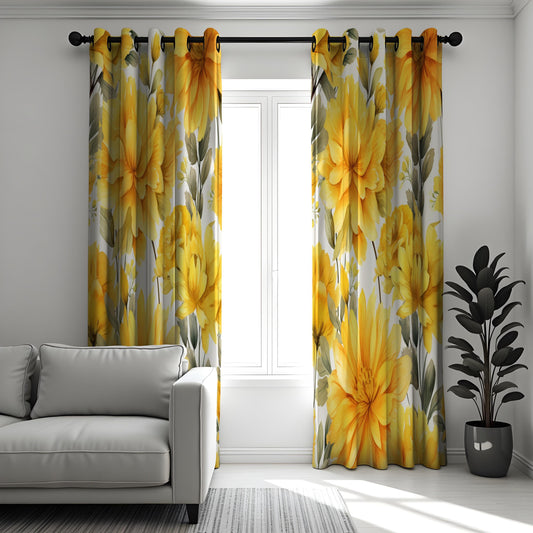 Bright Yellow Floral Curtains, Bold Mustard Flower Print Drapes