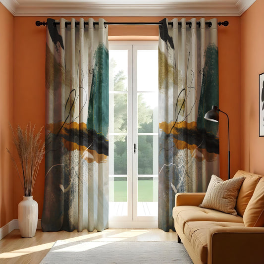 Abstract Art Curtains, Geometric Modern Drapes in Teal and Mustard