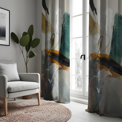 Abstract Art Curtains, Geometric Modern Drapes in Teal and Mustard