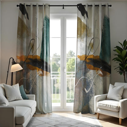Abstract Art Curtains, Geometric Modern Drapes in Teal and Mustard