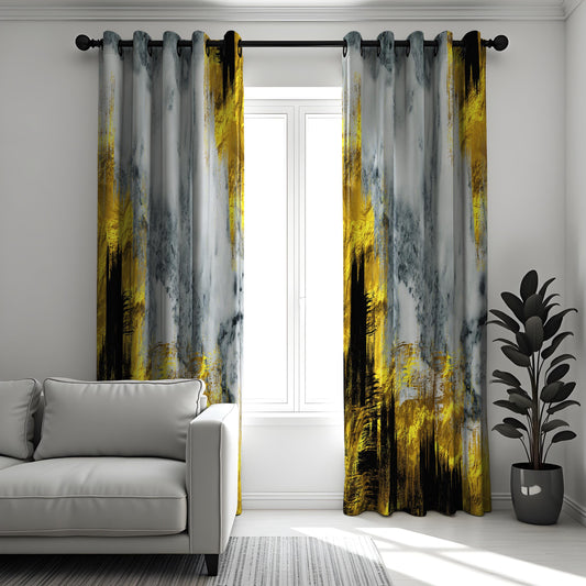 Abstract Marble Curtains, Bold Black and Mustard Drapes