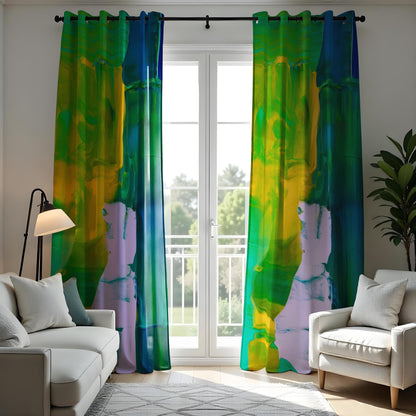 Abstract Green, Yellow & Blue Curtains, Colorful Modern Art Drapes