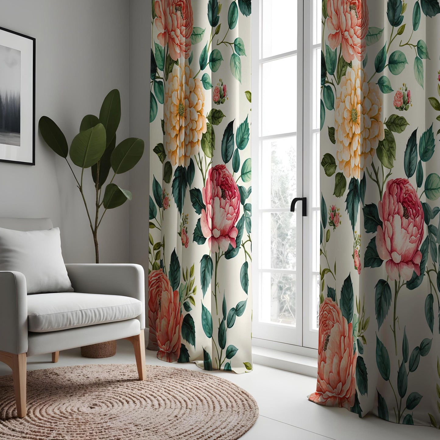 Peony Floral Curtains, Botanical Print Spring Theme Drapes