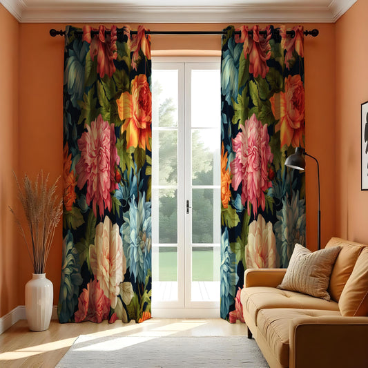 Vibrant Floral Curtains, Large Peony & Rose Drapes, Bold Colors