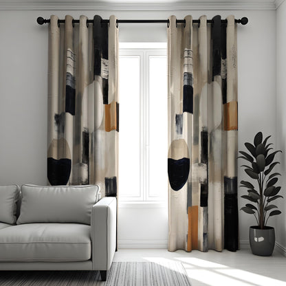 Modern Abstract Curtains, Bold Geometric Shape Drapes, Black & Beige