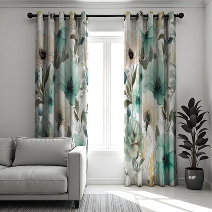 Floral Green and Teal Curtains, Botanical Soft Pastel Window Drapes