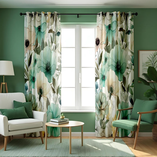 Floral Green and Teal Curtains, Botanical Soft Pastel Window Drapes